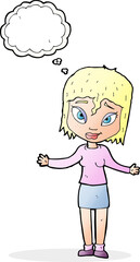 cartoon woman shrugging shoulders with thought bubble