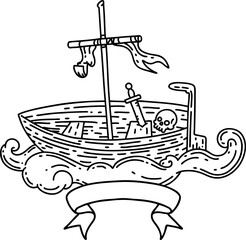 scroll banner with black line work tattoo style empty boat with skull
