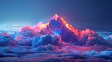 Poster 3D render of a colorful cloud with glowing neon, shaped like a mountain © MAY