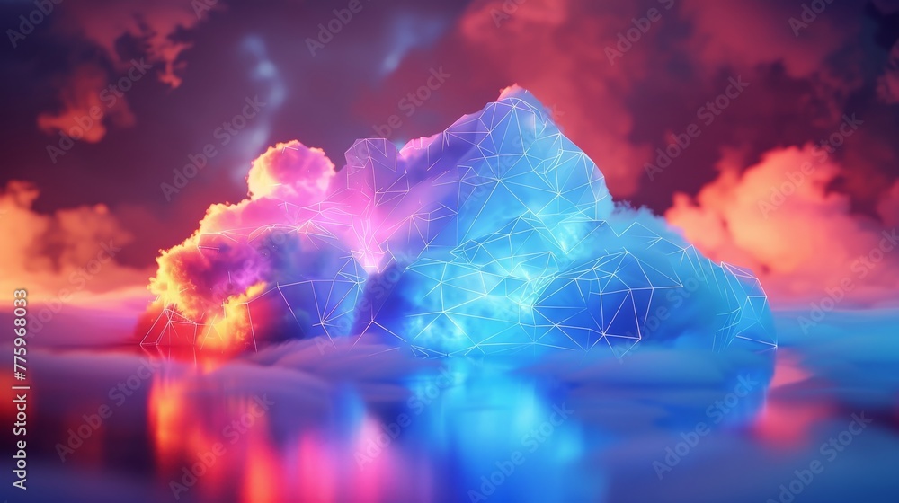 Poster 3d render of a colorful cloud with glowing neon, shaped like an intriguing prism