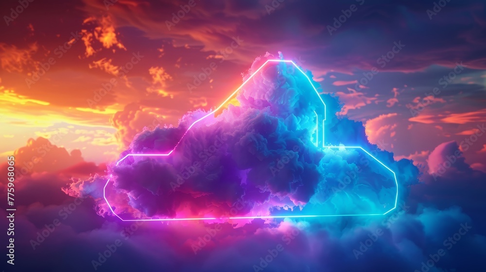 Poster 3d render of a colorful cloud with glowing neon, shaped like an intriguing prism