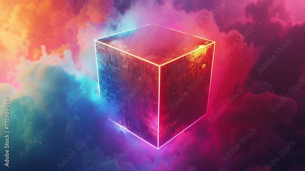 Aufkleber 3d render of a colorful cloud with glowing neon, shaped like a dynamic cube