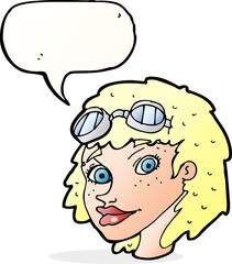 cartoon happy woman wearing aviator goggles with speech bubble
