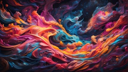 Vibrant swirls of neon colors dancing across a cosmic canvas under a starlit sky.