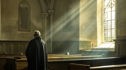 A moment of religious contemplation is depicted as natural light bathes a priest and church interior in a serene atmosphere
