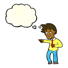cartoon funny office man pointing with thought bubble