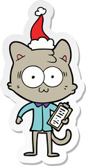 hand drawn sticker cartoon of a surprised office worker cat wearing santa hat