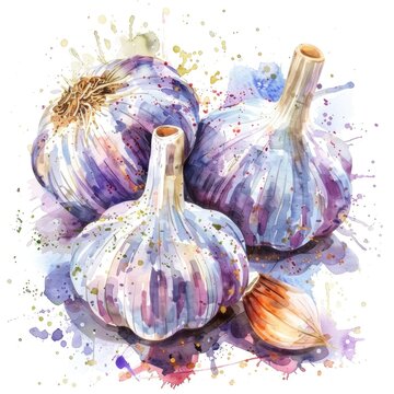 A striking watercolor depiction of garlic bulbs with earth-toned splashes