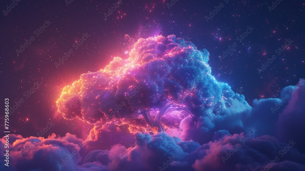 Poster 3d render of a colorful cloud with glowing neon, shaped like a tree