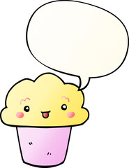 cartoon cupcake with face with speech bubble in smooth gradient style