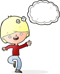 cartoon happy boy dancing with thought bubble