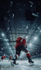 A hockey player in red gear, skating on an ice rink with ice particles in motion