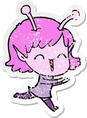 distressed sticker of a cartoon alien girl laughing