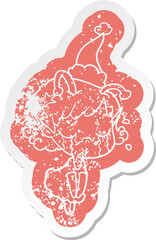 quirky cartoon distressed sticker of a crying alien girl wearing santa hat
