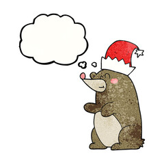 freehand drawn thought bubble textured cartoon bear wearing christmas hat