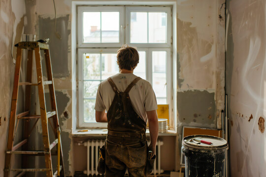 Rear view of the professional interior renovation crew in the appartement