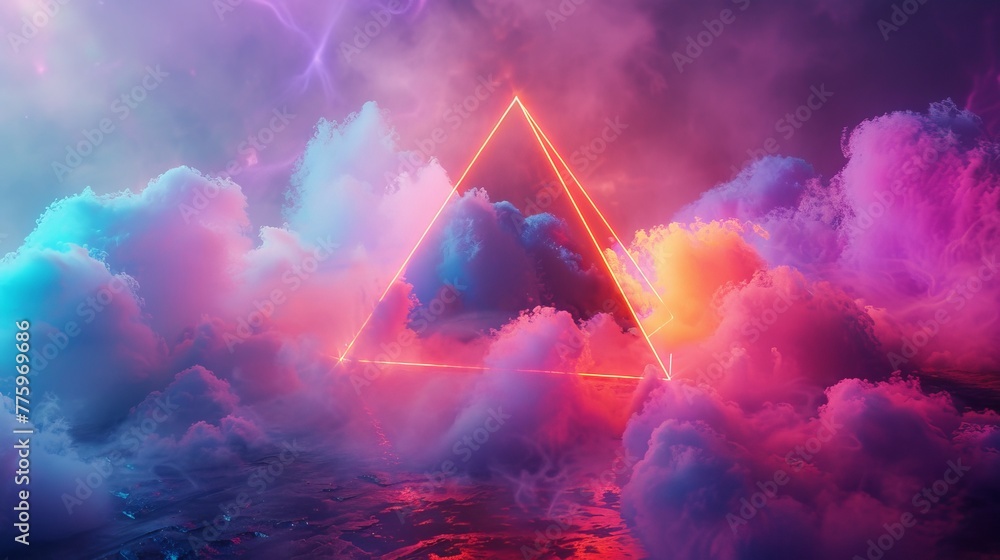 Poster 3d render of a colorful cloud with glowing neon, shaped like an alluring pyramid