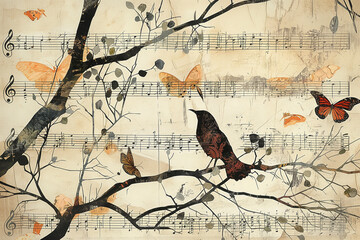 vintage collage of birds and butterflies on sheet music, retro style