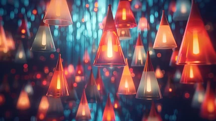 Foto auf Alu-Dibond 3D render of glowing neon cones suspended in a surreal environment © MAY