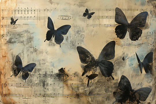 vintage collage of black butterflies on music paper, retro style
