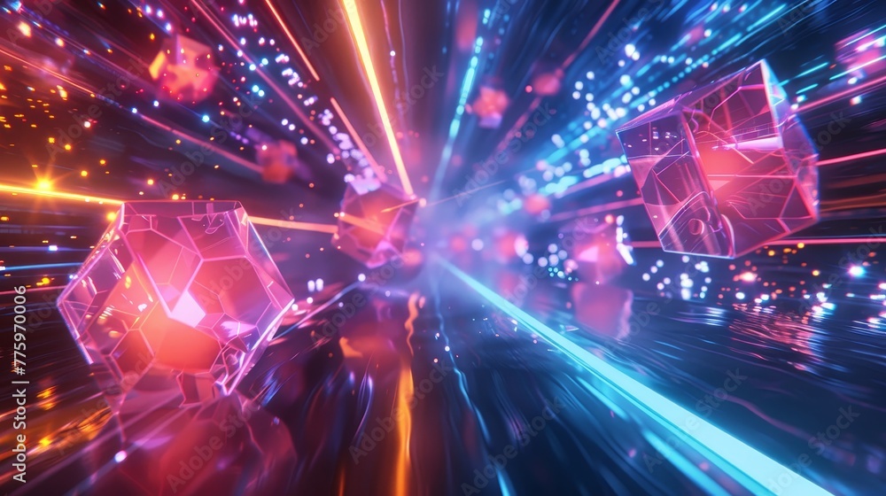 Aufkleber 3d render of glowing neon dodecahedrons floating in a digital space