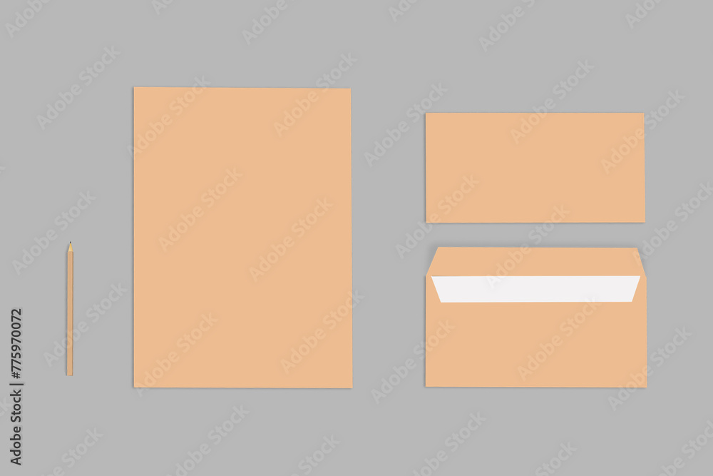 Poster kraft brown a4 paper, dl envelope open and closed and wooden pencil. mockup for branding presentatio