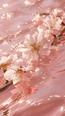 Cherry blossoms float on rippling water, bathed in a warm, soft glow, creating a serene scene