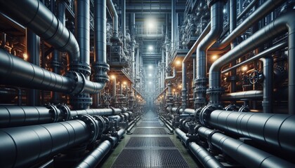 View of pipes and valves, valves inside an industrial factory for the production and transportation of oil and gas