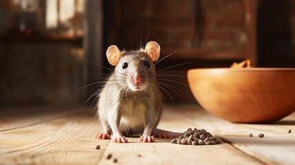 Obraz premium rat eats from a bowl, home interior, free space banner, --ar 16:9 --v 5.2 Job ID: 0ea50f23-faa1-4c95-9862-fc69e77c0337