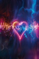 A heartbeat chart with a love symbol, vibrant neon light style