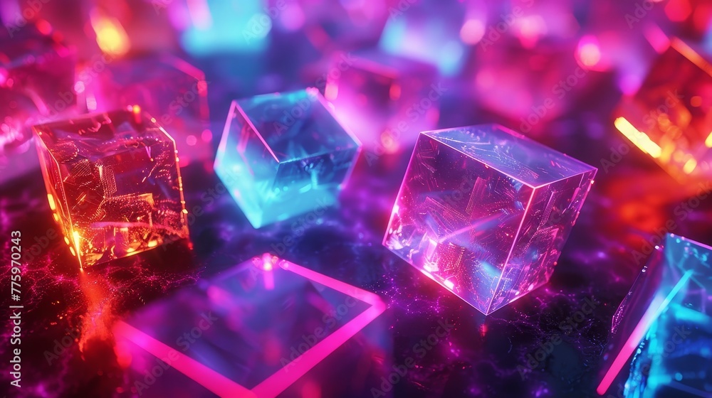 Poster 3d render of glowing neon octahedrons arranged in a grid