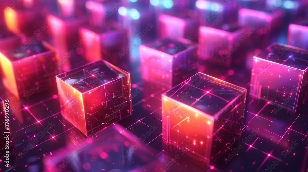 Poster 3d render of glowing neon octahedrons arranged in a grid