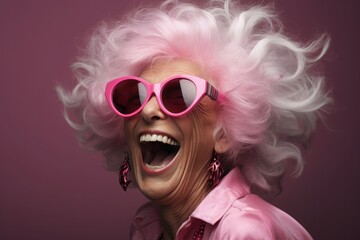 crazy old, elderly woman in a Pink dress laughs. portrait of a crazy grandmother, senior. happy retirement age.