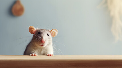 A detailed close-up of a curious grey rat posed in a cozy home environment, gazing towards the viewer with a wooden bowl in the backdrop, creating a candid snapshot of wildlife within human spaces.