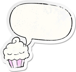 funny cartoon cupcake with speech bubble distressed distressed old sticker