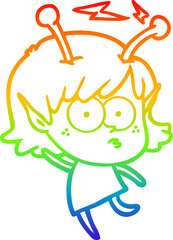 rainbow gradient line drawing of a cartoon alien girl