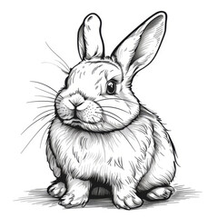 Artistic black and white sketch of a rabbit, capturing its curious gaze and detailed fur texture. - obrazy, fototapety, plakaty