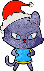 cute hand drawn textured cartoon of a cat wearing santa hat