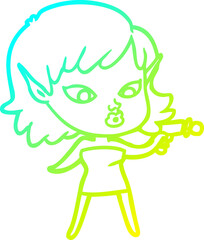 cold gradient line drawing of a pretty cartoon girl with ray gun