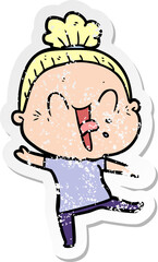distressed sticker of a cartoon happy old woman