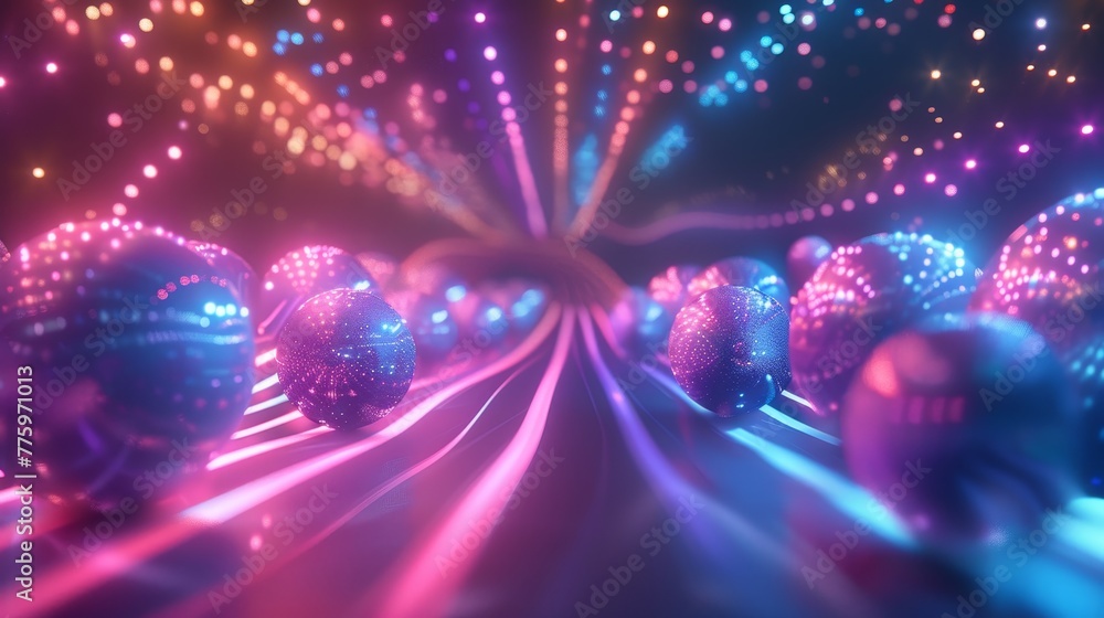 Poster 3d render of glowing neon spheres arranged in a geometric pattern