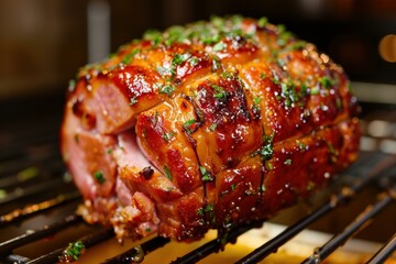 Succulent Baked glazed ham dish. Delicious sliced homemade cooked ham with honey ingredient. Generate ai