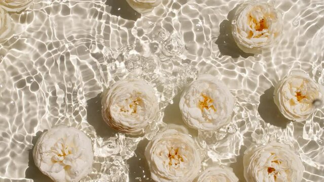 White rose flowers on water surface and of waves on white background. Sun and shadows. Pure water with reflections sunlight and shadows in slow motion. Valentines day texture. High quality 4k