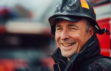 Obraz premium Middle-aged white firefighter smiling with relief and pride after a successful rescue mission