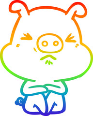 rainbow gradient line drawing of a cartoon angry pig sat waiting