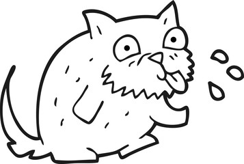 freehand drawn black and white cartoon cat blowing raspberry