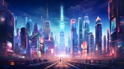 Futuristic city at night. Panoramic view of the city at night.