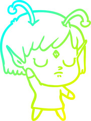 cold gradient line drawing of a cartoon alien girl