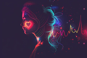 Artistic design of a beautiful woman with heartbeat diagram and a love symbol