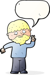 cartoon man giving peace sign with speech bubble